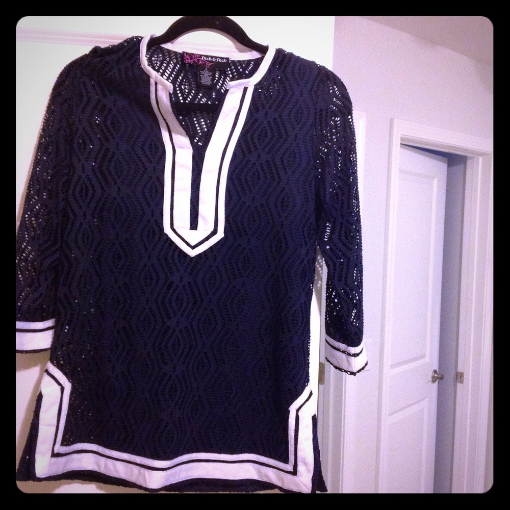 Navy white lace top