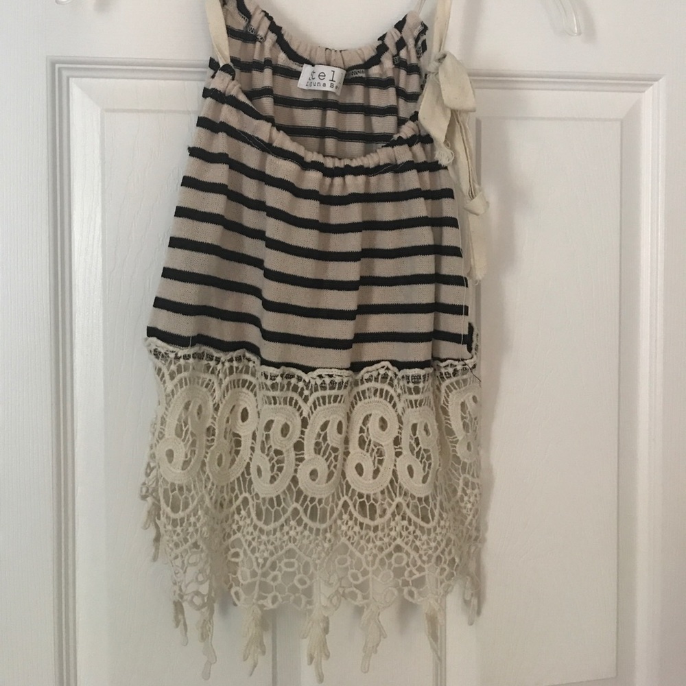 striped crop top with crochet bottom