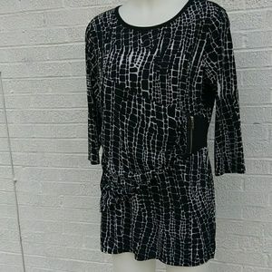 Multiples L black white print tunic stretch washab