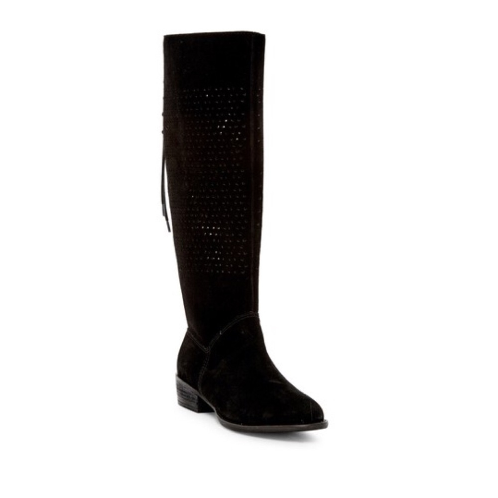 Black Lace Up Back Low Heel Knee High Boots - Picture 3 of 6
