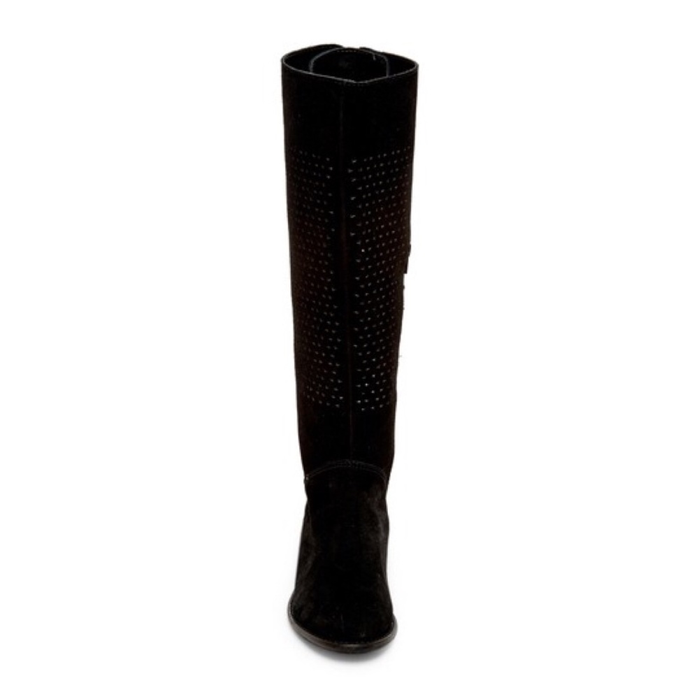 Black Lace Up Back Low Heel Knee High Boots - Picture 5 of 6