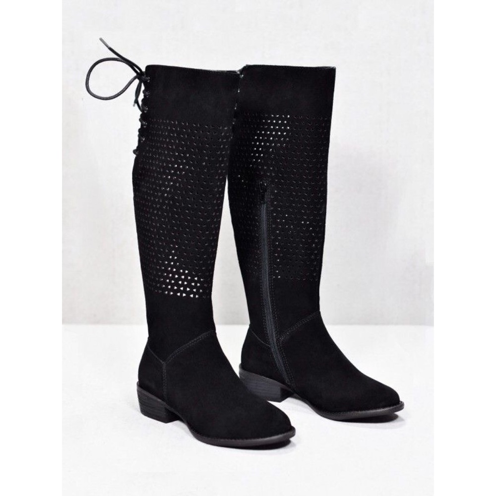 Black Lace Up Back Low Heel Knee High Boots - Picture 1 of 6