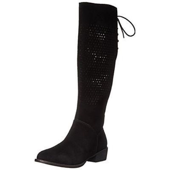 Black Lace Up Back Low Heel Knee High Boots - Picture 2 of 6