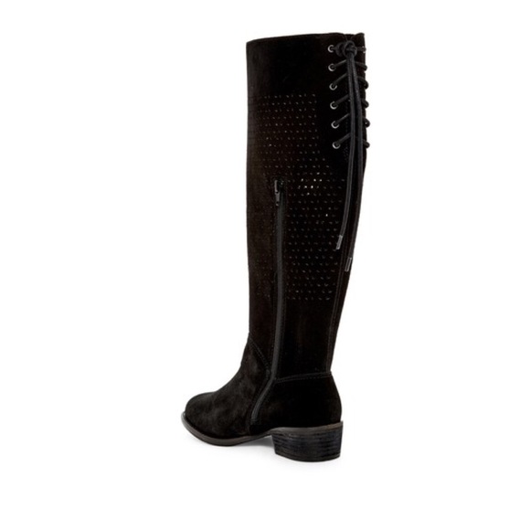 Black Lace Up Back Low Heel Knee High Boots - Picture 4 of 6