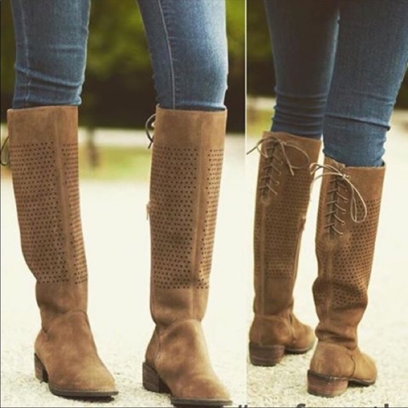 Black Lace Up Back Low Heel Knee High Boots - Picture 6 of 6