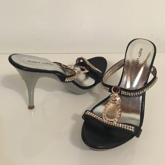 Amazing Rusty Lopez Blk Gold& Rhinestone Heels - Picture 2 of 4