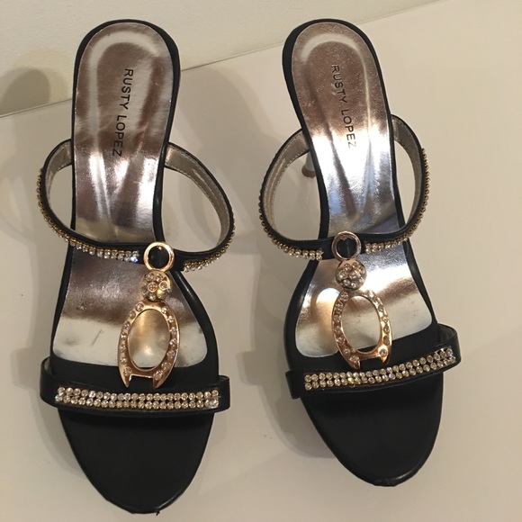 Amazing Rusty Lopez Blk Gold& Rhinestone Heels - Picture 3 of 4