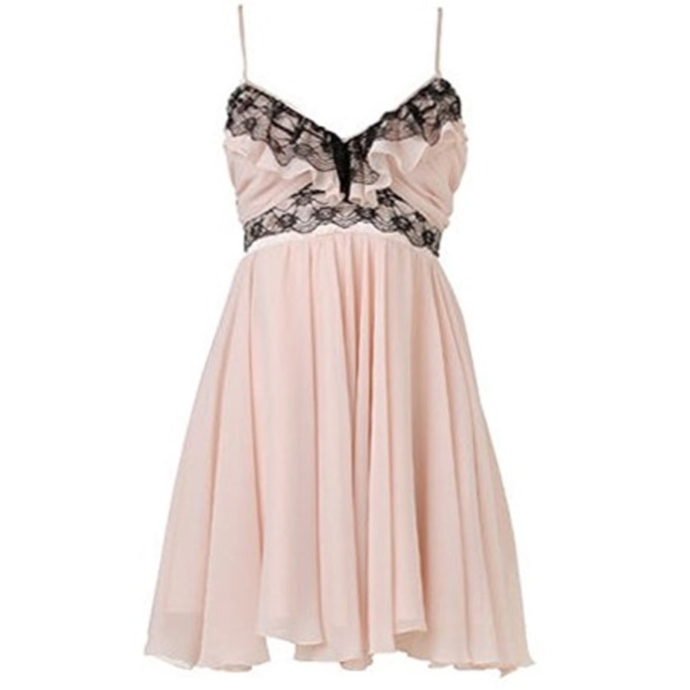 💖 Pink Babydoll Dress With Black Lace Trim