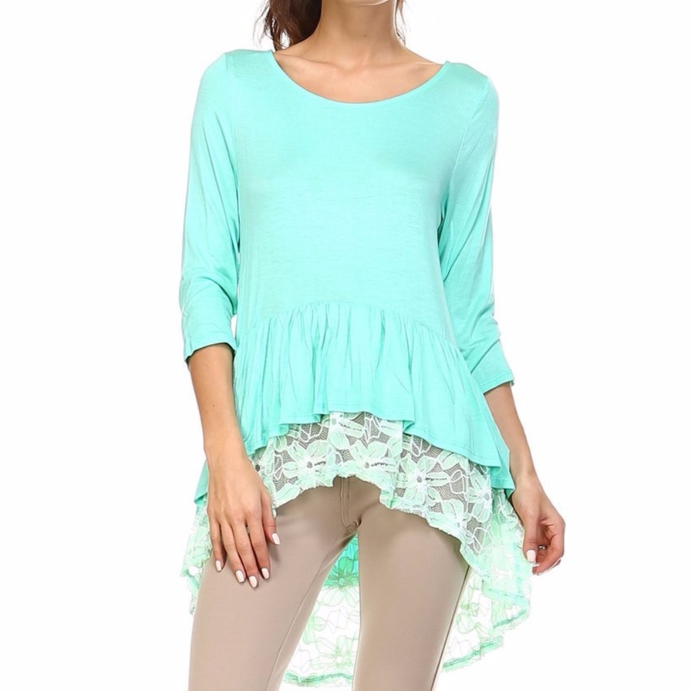 3/4 Sleeve Hi-Low Top with Lace Hem Detail