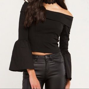 Akira off shoulder black bell sleeve crop top