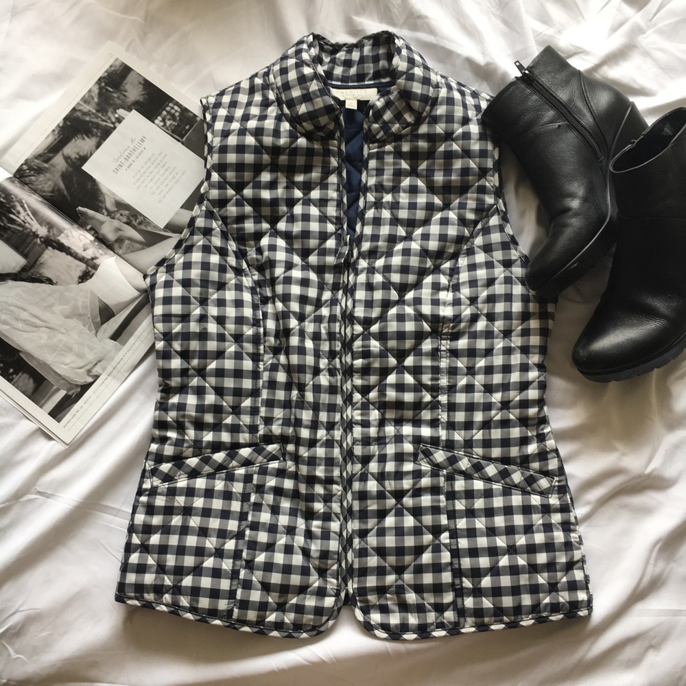 Talbots Navy Gingham Puffer Zipper Vest Petite