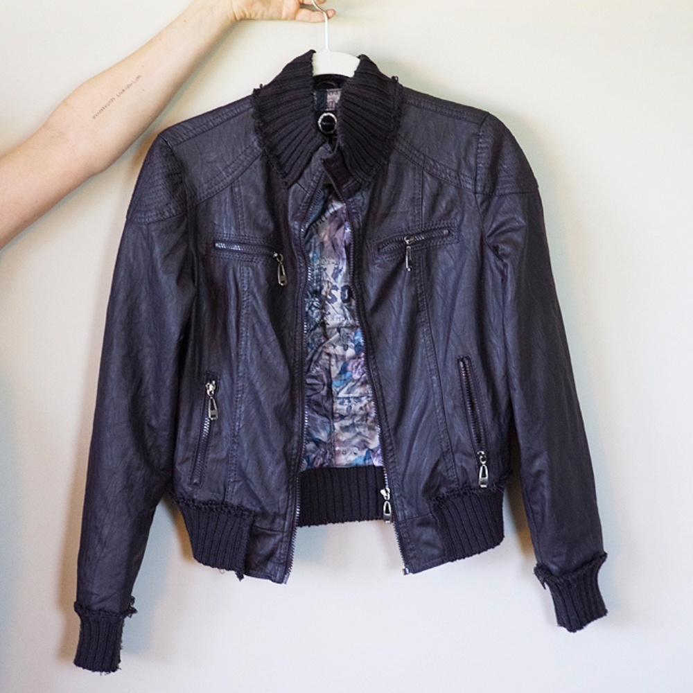 Bomber Style Faux Leather Jacket in Purple Size M