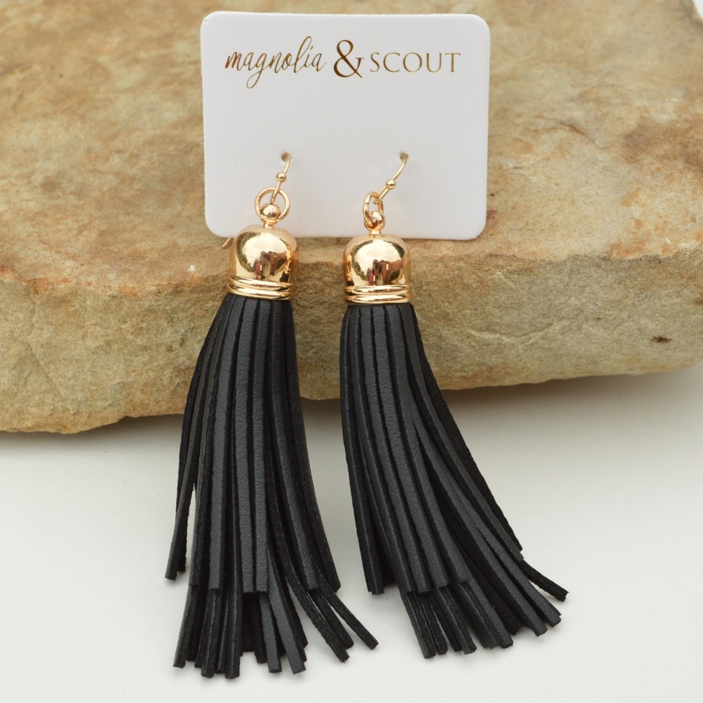 Leather Double Layer Tassel Earrings Gold Cuff