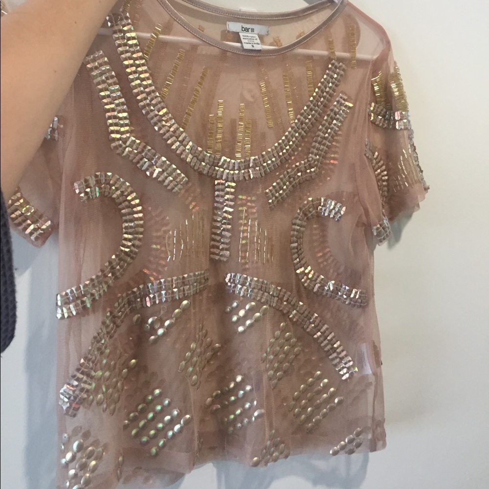 Bar III sheer nude top gold studs