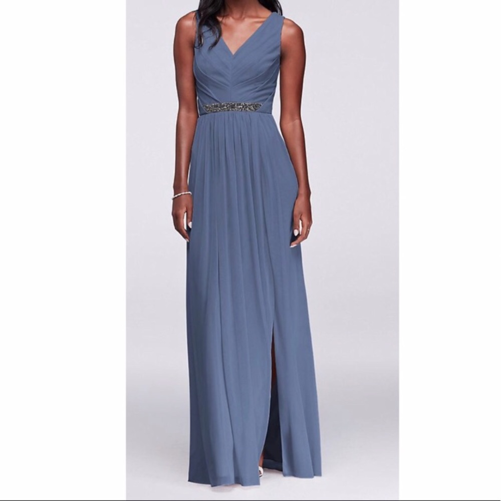 Long Mesh Dress with V-Neck and Beaded Waistband