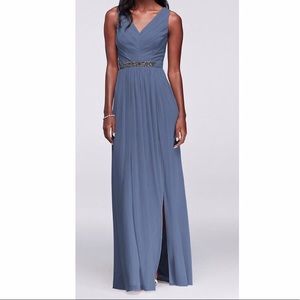 Long Mesh Dress with V-Neck and Beaded Waistband