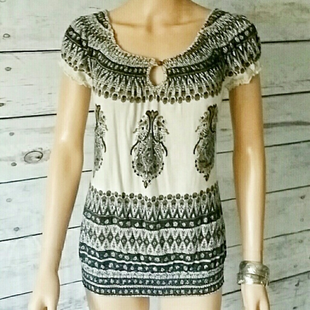 Lucky Brand cap sleeve boho tunic top size xs smocking festival peasant