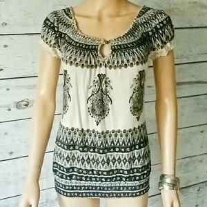 Lucky Brand cap sleeve boho tunic top size xs smocking festival peasant