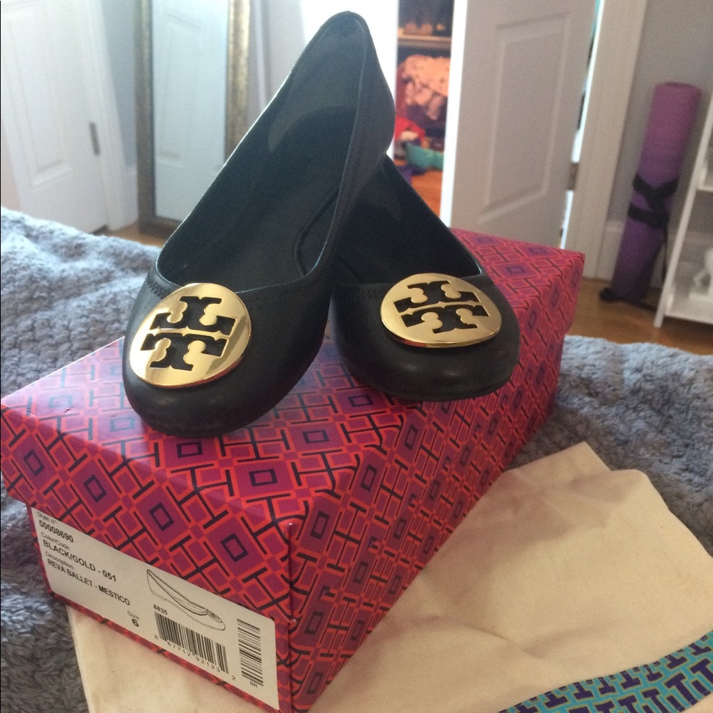 Tory Burch Reva Ballet Flats - size 6, black/gold