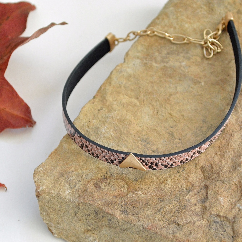 Snakeskin Leather Choker with Gold Triangle