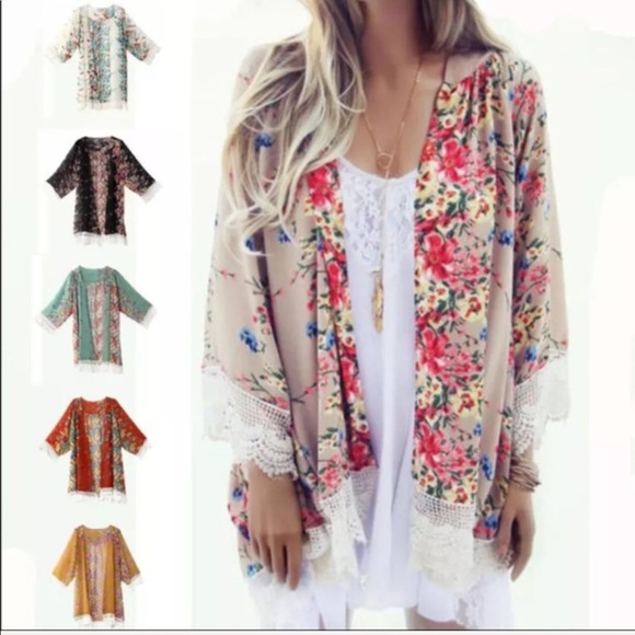 Printed Chiffon Loose Floral Kimono With Lace- Tan - Picture 2 of 8