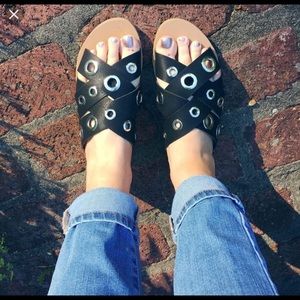 dv slide sandals black and silver