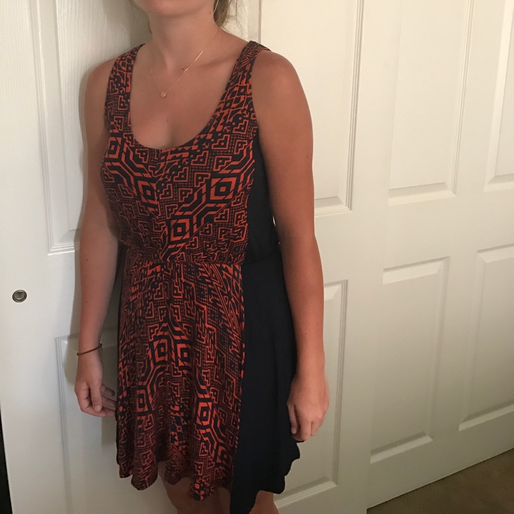 Blue dress with orange accents