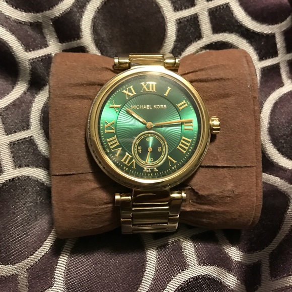 Gold Michael Kors Watch w Green Roman Numeral Dial