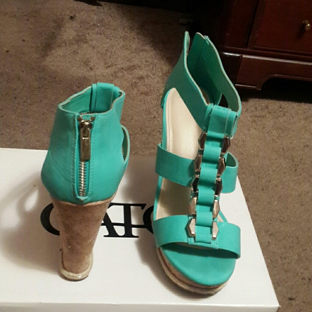 Pool green wedge sandals w/ gold buckles