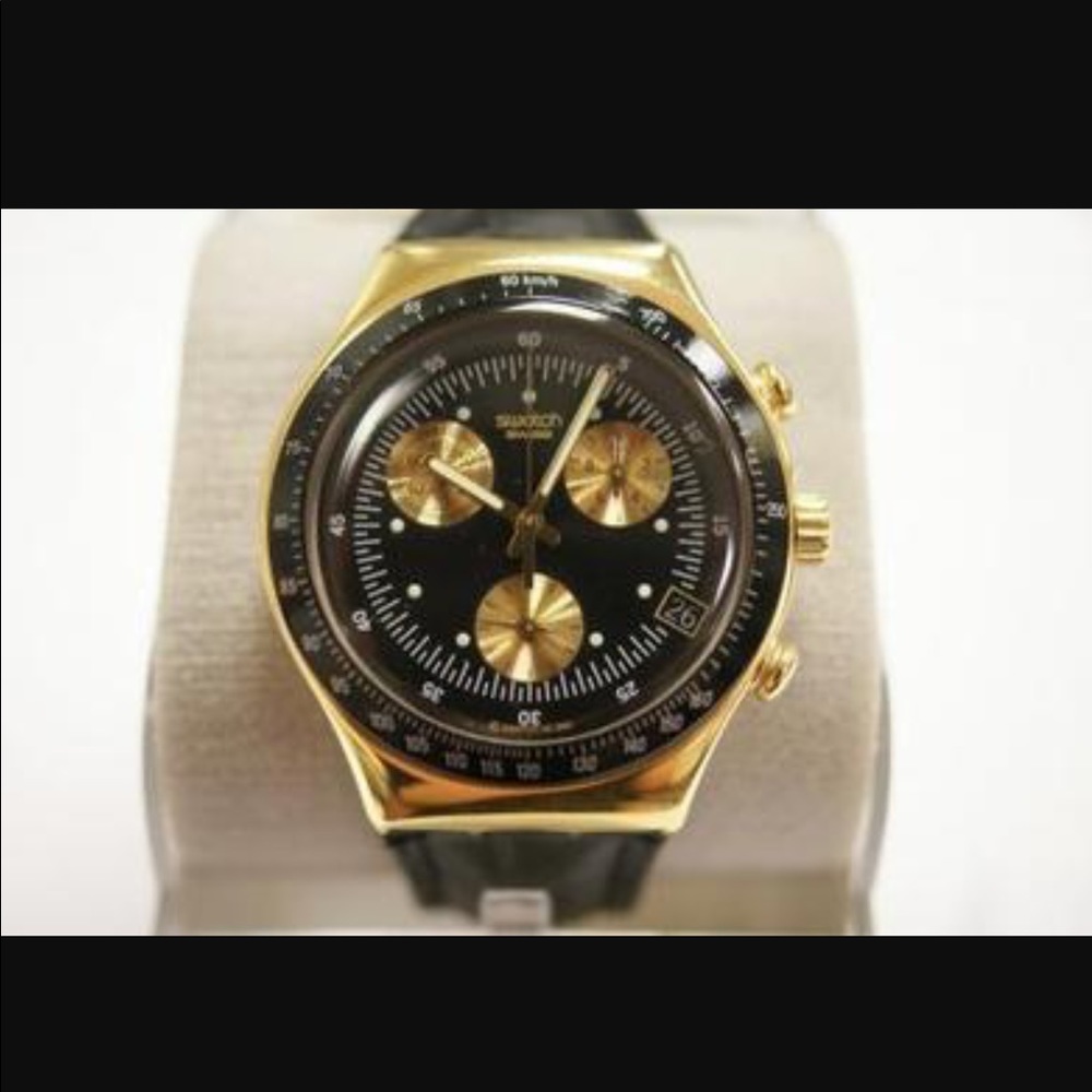Swatch 007 Gold Watch with Black Leather