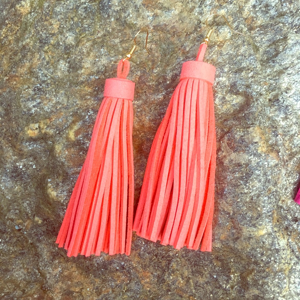 Sale Coral Leather Tassel Earrings w/ Gold Hooks