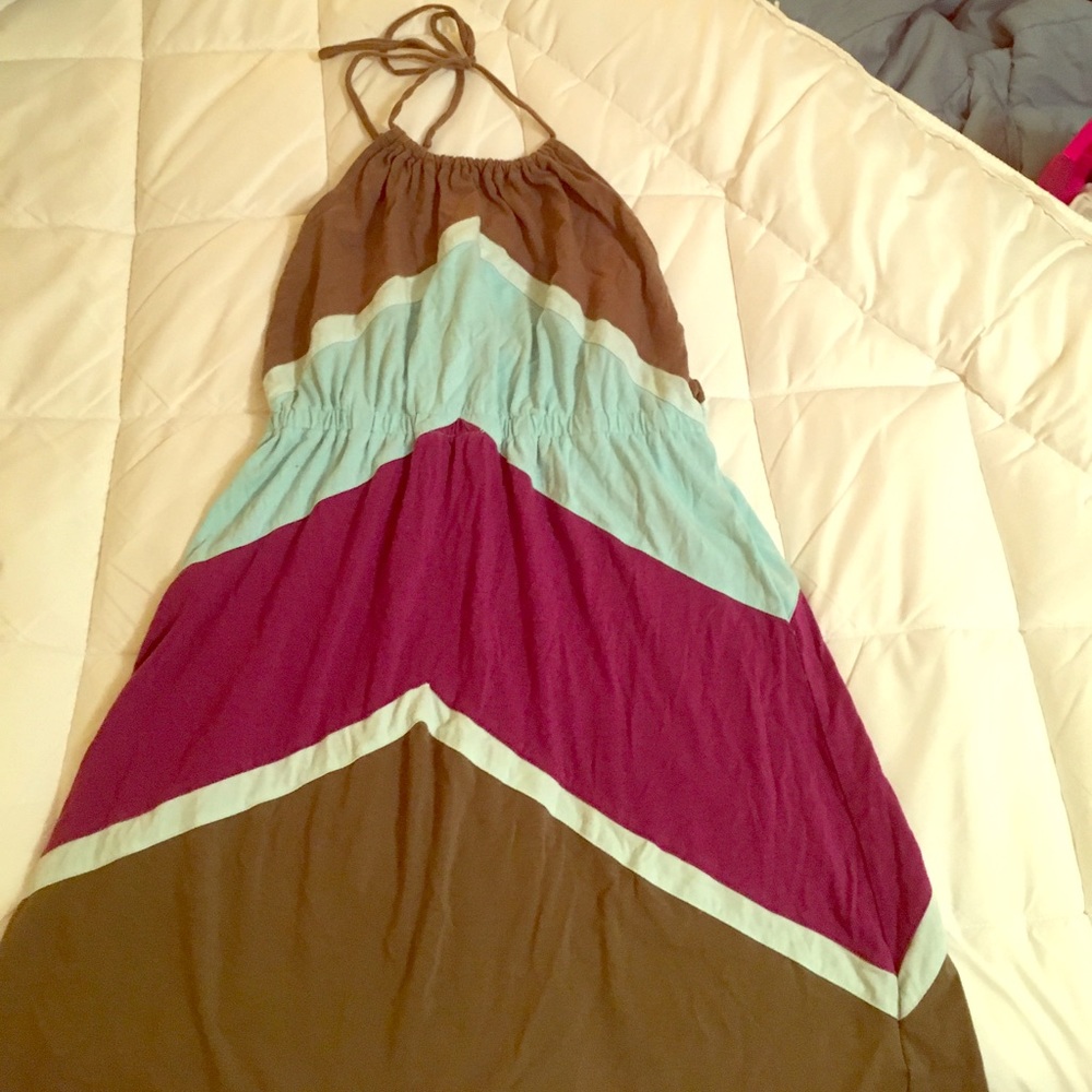 Dress, multi-colored. Halter. Backless at the top