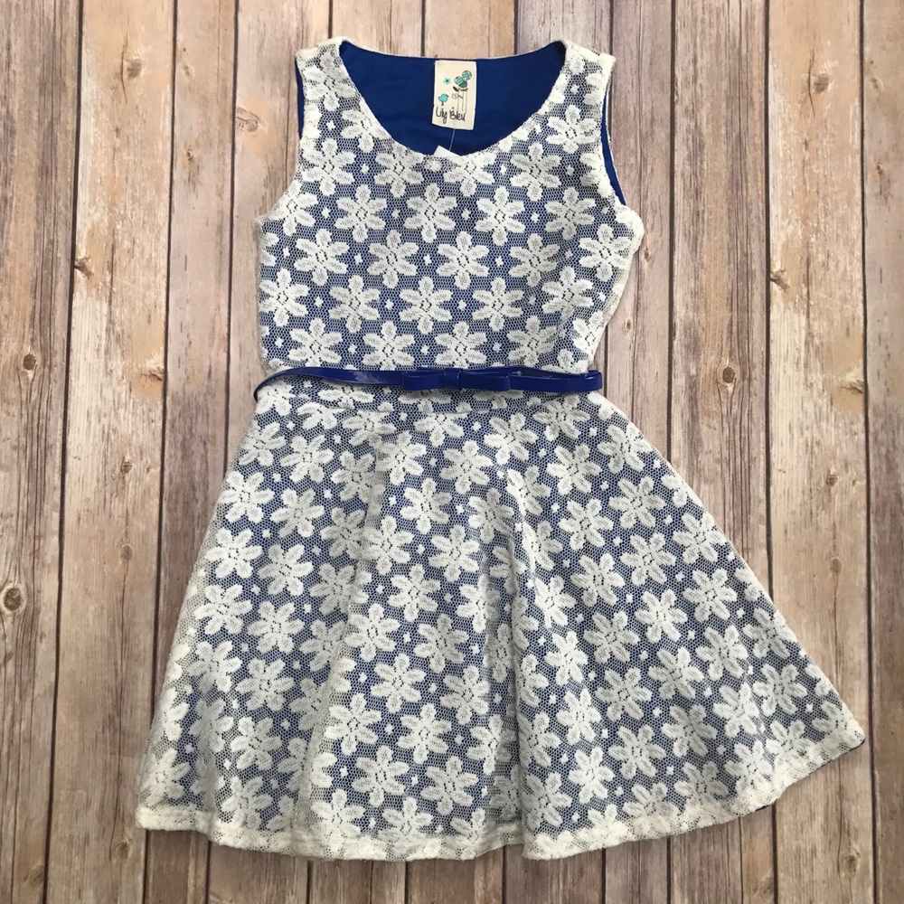 NWT Lily Bleu Girls Dress, Blue, Off White Lace