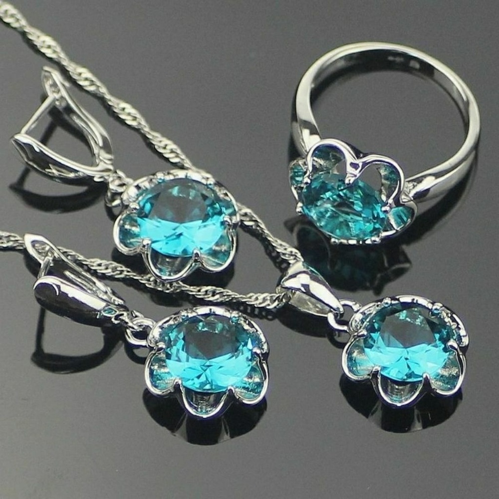Sterling silver set blue flower crystal zirconium