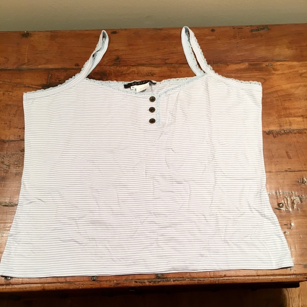 New SCRIPT Blue/white tank with ruffle boarder
