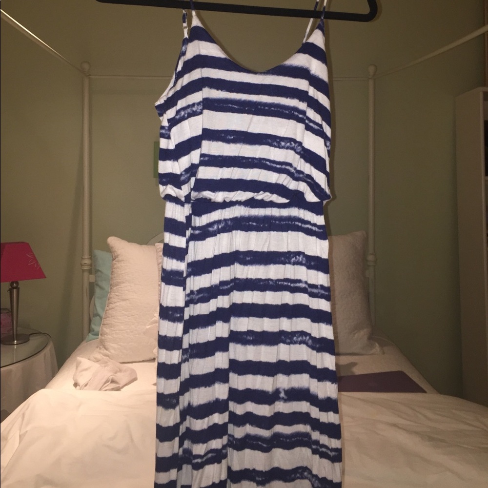 Blue and white striped maxi dress