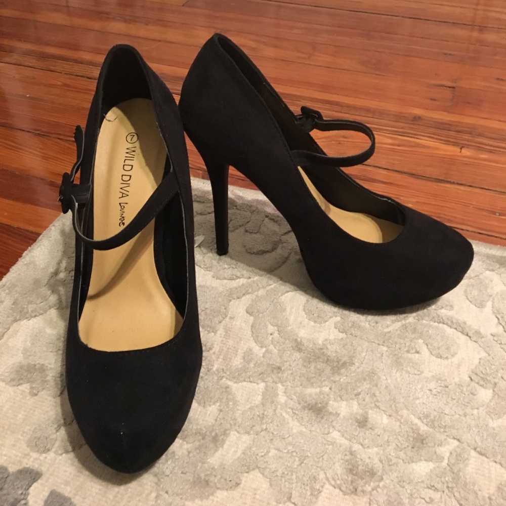 Suede Black Strap Heels. Size 7