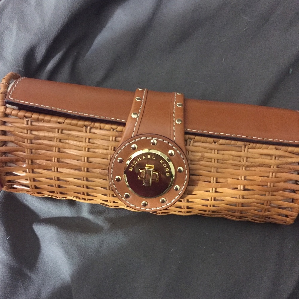 Michael Khors Woven Wicker Clutch W/ Leather Top