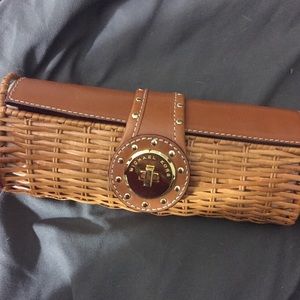 Michael Khors Woven Wicker Clutch W/ Leather Top