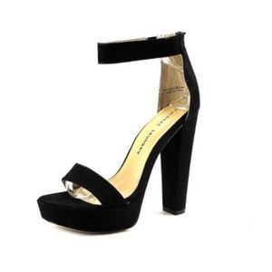 Black suede ankle strap platform heel