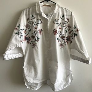 Embroidered floral short-sleeve button down top