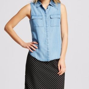 Light denim shoulderless button down!