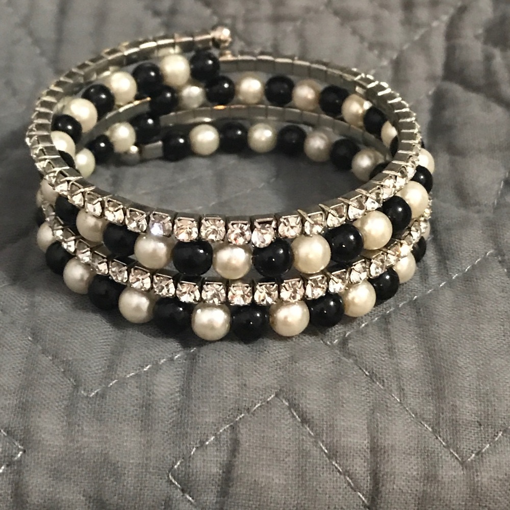 Black, pearl, and diamond stacking bracelet