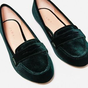 Green Zara Loafers Velvet Like Material.