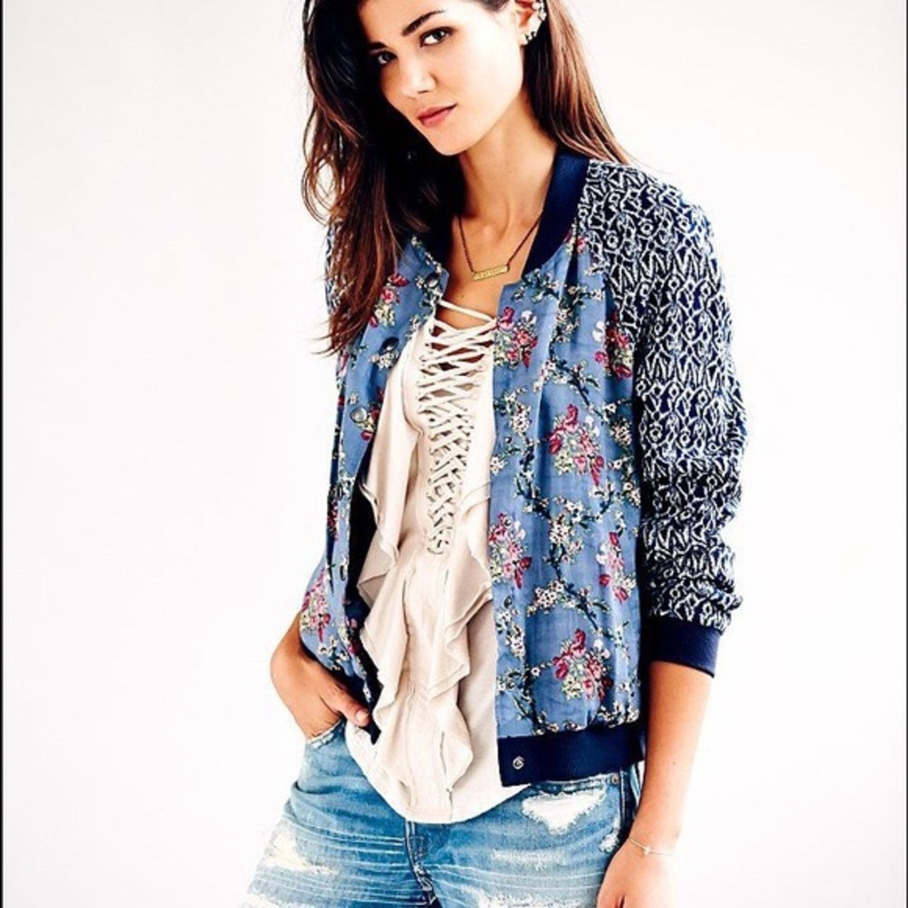 Free People Navy Printed Bomber Jacket