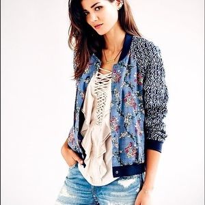Free People Navy Printed Bomber Jacket