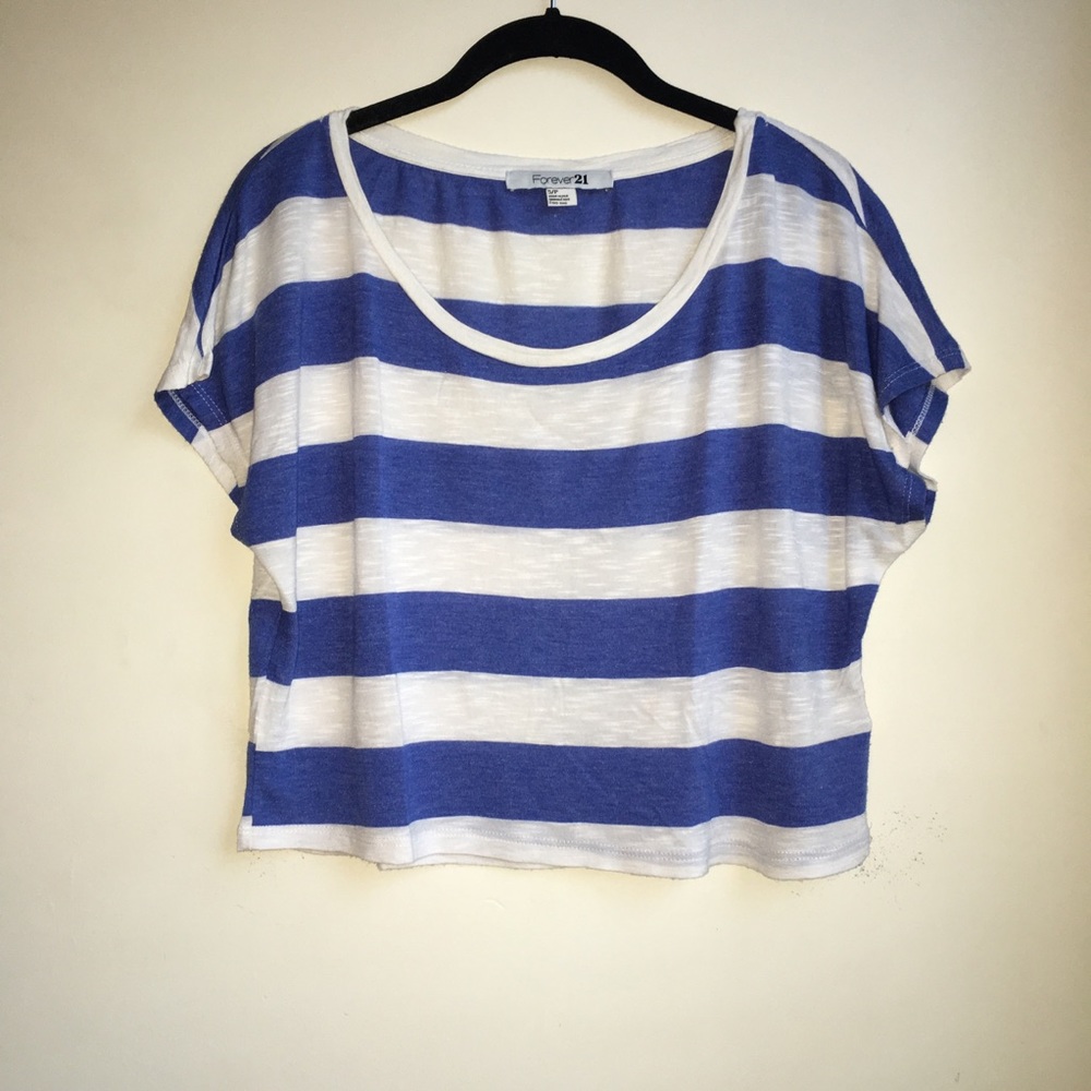 Forever 21 Blue & White Strip Crop Tee