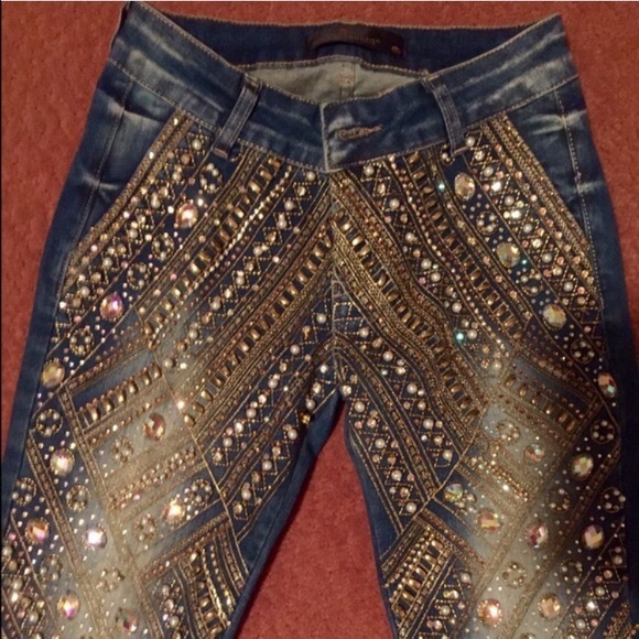 Nearly New! Handmade Crystal Embossed Jeans - Picture 2 of 4