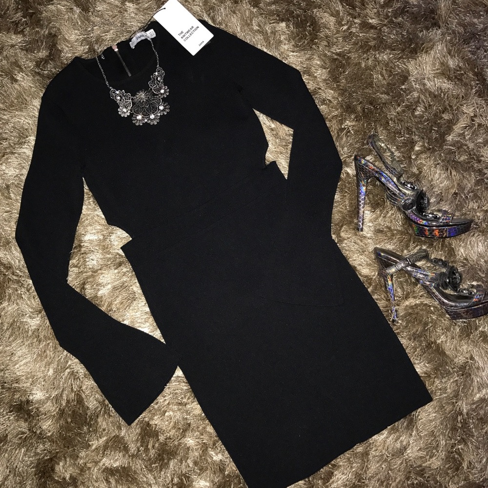 NWT ZARA Black Knit fitted cocktail dress