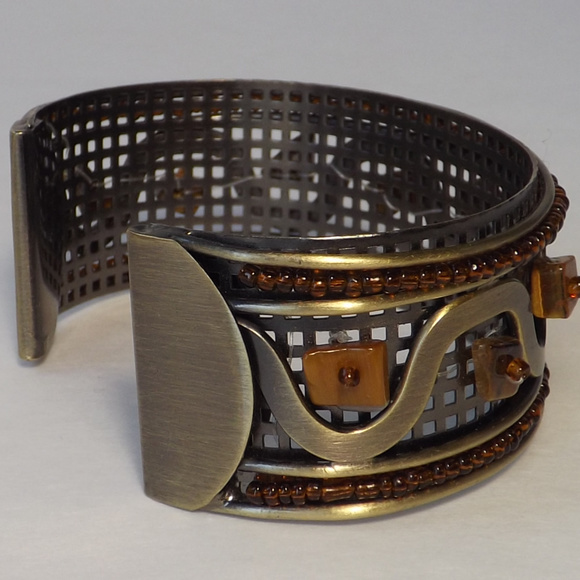 vintage cuff bracelet amber tigers eye steel brass - Picture 6 of 8